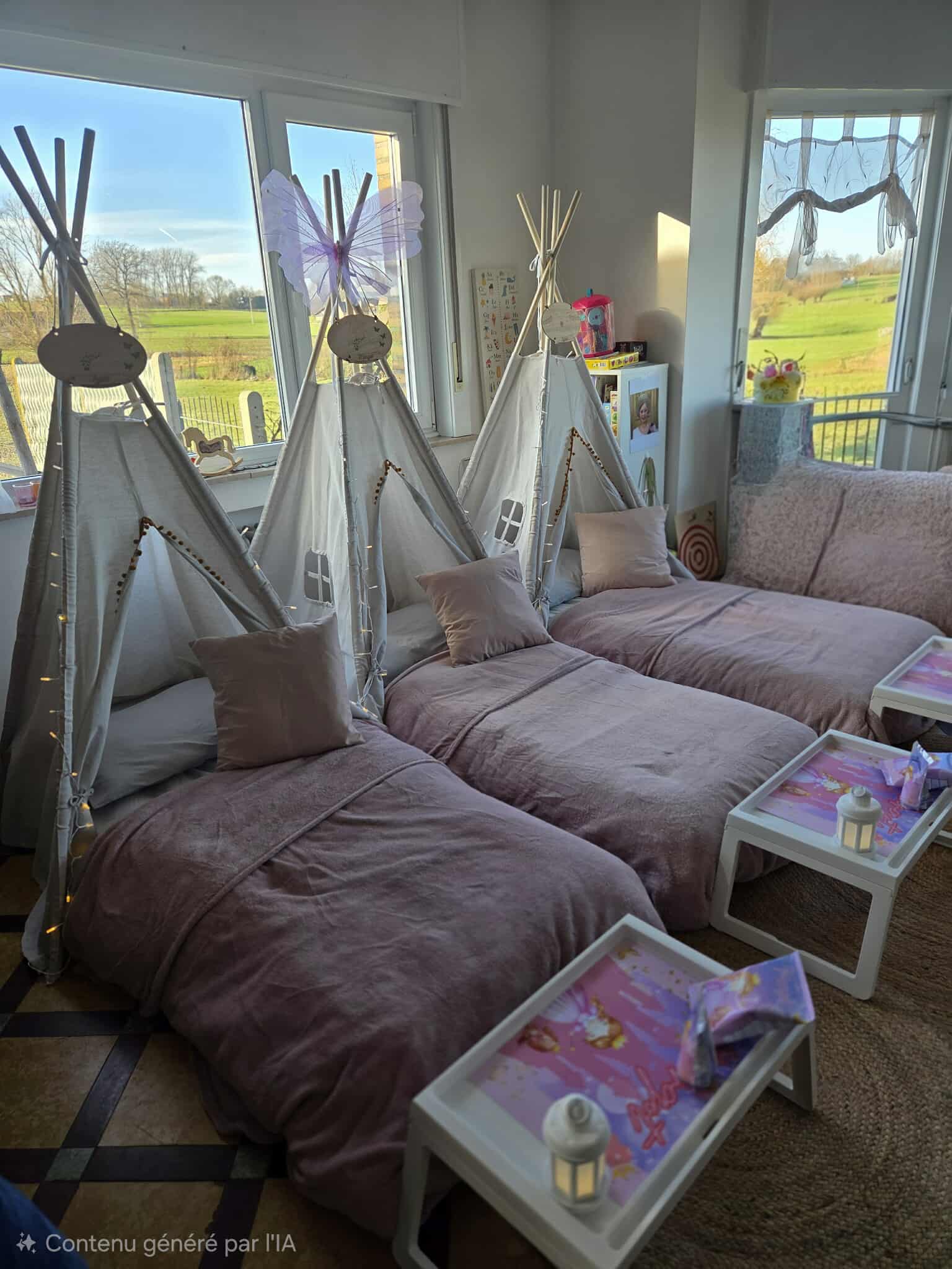 Tipi décoré avec guirlandes lumineuses